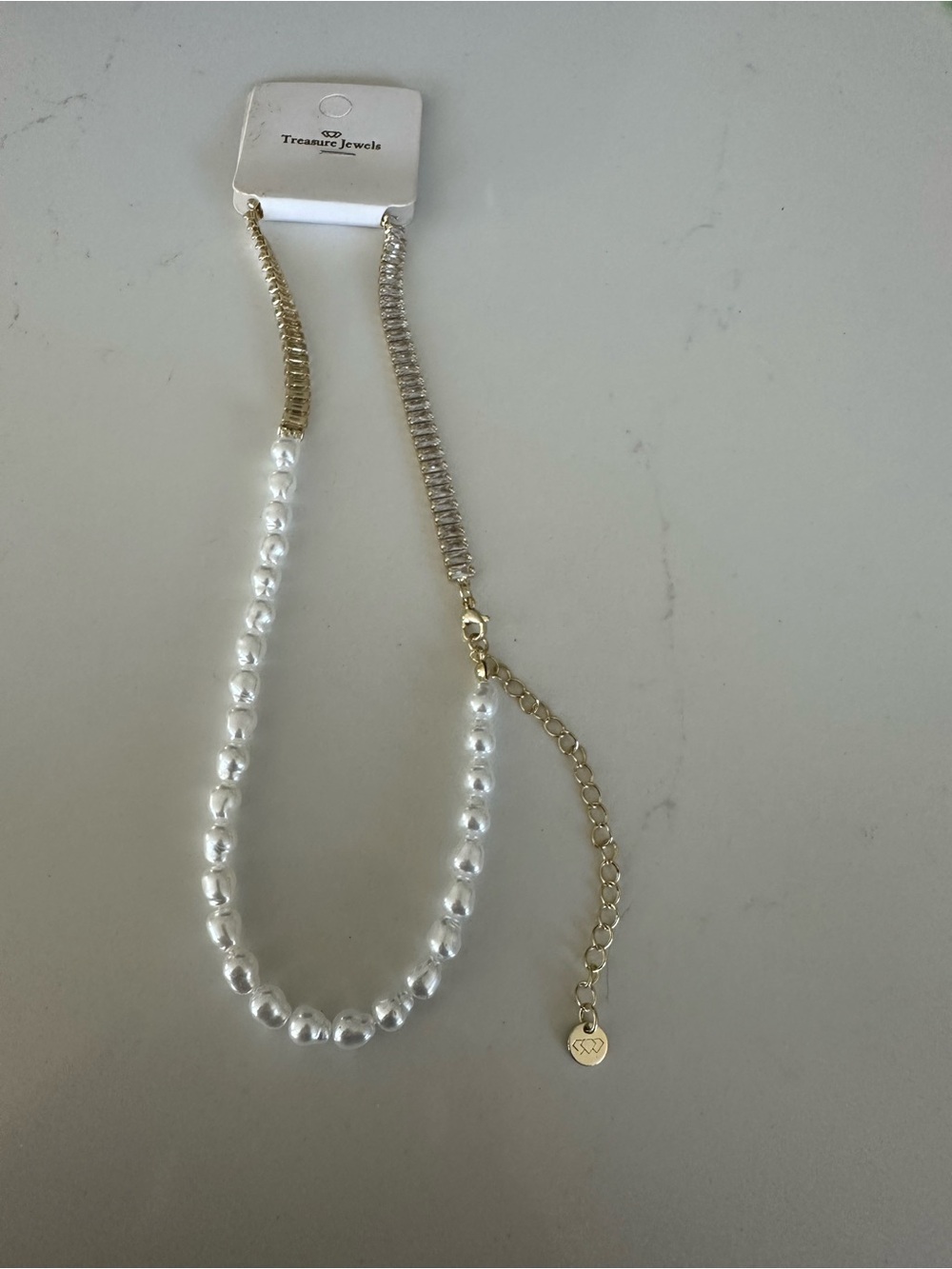 Silver and White Necklace with Crystal and Pearl Elements